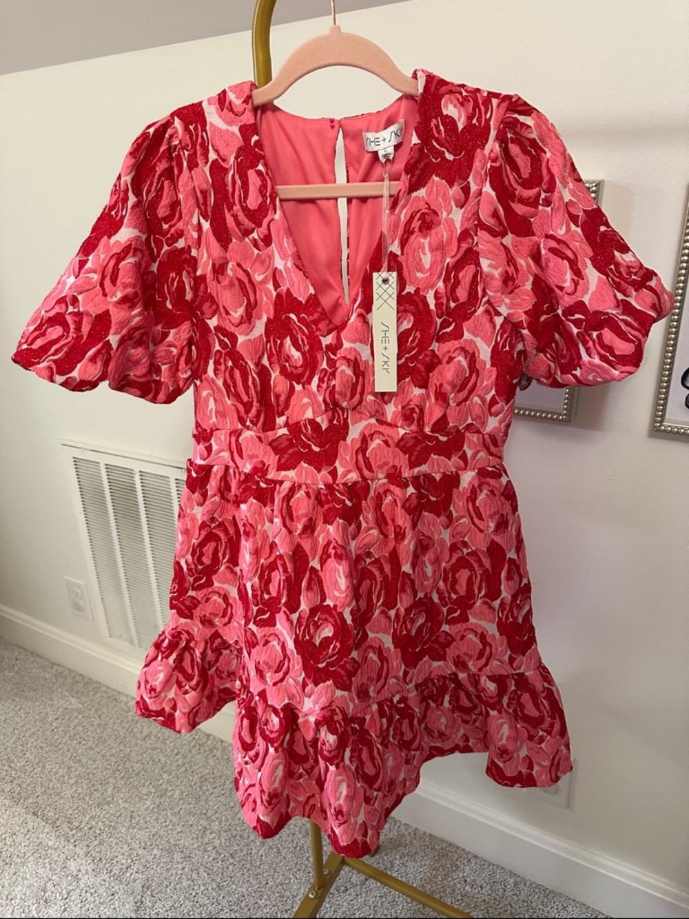 She + Sky Pink and Red Floral V-Neck Tiered Dress